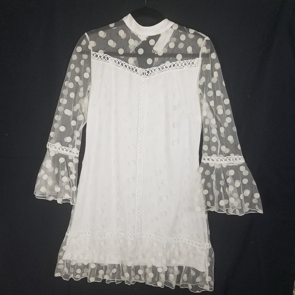 Parisian Polka Dot Mesh Mini Dress Womens 16 White Excellent Bell Sleeve Lace